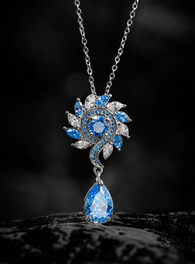 蓝色水滴吊坠项链耳环戒子三件套