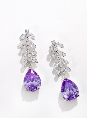 紫色水滴白色满钻项链耳环戒指三件套时尚奢华夸张高级感宴会套装