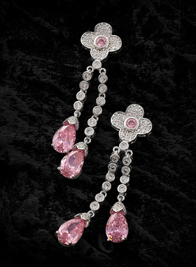 粉水晶花朵项链耳环两件套显瘦脸