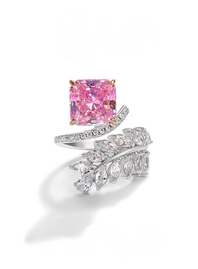 s925银粉色树叶锆石戒指时尚气质奢华夸张戒指高级感个性开口指环