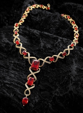 轻奢红色项链耳环手链戒指四件套