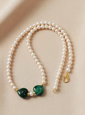 优雅气质孔雀石淡水珍珠项链女2023年新款潮网红百搭设计感锁骨链