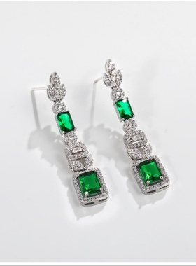 925银 绿色轻奢时尚气质项链耳环手链戒指四件套 合成立方氧化锆