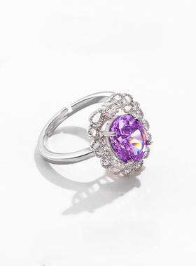 新款s925纯银紫色戒指时尚气质高级感轻奢活口戒指合成立方氧化锆