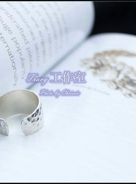 韩版925银宽波纹开口戒指男女