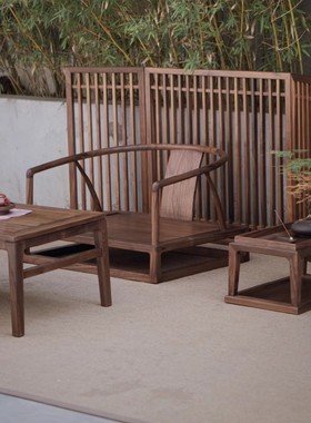 新中式禅意矮禅椅榻榻米靠背黑胡桃木实木座椅茶室圈椅