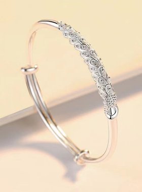 银手镯女9999纯银孔雀实心足银