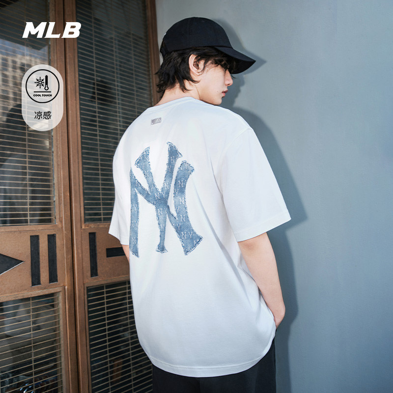 MLB短袖男女情侣25夏季新款大logo牛仔做旧凉感宽松T恤3ATSM0953,淘宝优惠券,粉丝福利购,淘宝优惠卷
