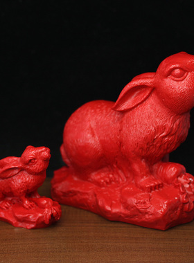 红色朱砂生肖兔子本命年摆件玉兔
