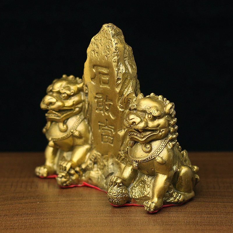 纯黄铜泰山石敢当家用风水摆件铜双狮子房屋缺角镇宅工艺品保平安