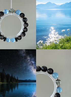 天然招财绿幽灵手串高端魔鬼蓝海蓝宝黑曜石手链女聚宝盆补水补木