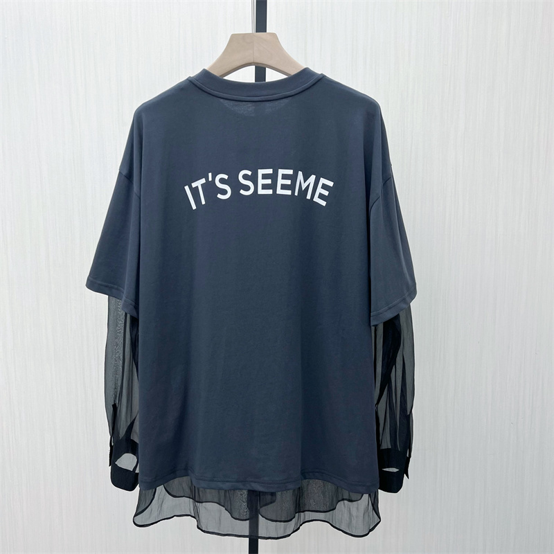 S●2025冬季新品 宽松印花假两件拼接网纱T恤女时尚百搭上衣055 - 图0