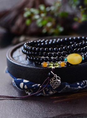 天然黑玛瑙树叶一夜暴富蜜蜡手链