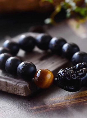 天然黑曜石貔貅手链黄虎眼石手串