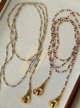 波西米亚风石榴石白水晶拼色串珠项链女欧美撞色刻面金矿石长项链