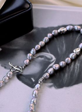 银灰色巴洛克异形淡水珍珠项链女时尚金属扣锁骨链毛衣链感锁骨链