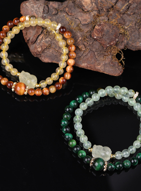 天然虎眼石水晶双圈金木水火土手