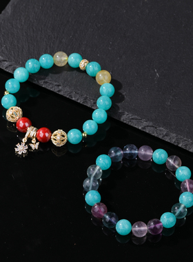 天然天河石朱砂花球彩莹石手串