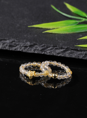 天然金发晶朱砂白水晶貔貅串戒指