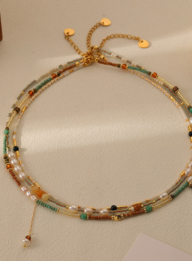 叠戴小米珠彩色串珠项链百搭时尚淡水珍珠满天星颈链饰品锁骨链女