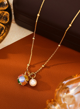 彩色猫眼石魔方吊坠项链锁骨链耳钉耳坠耳扣轻奢小众气质耳环饰品