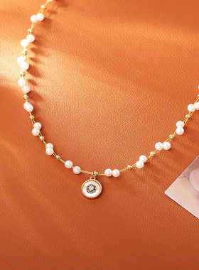 贝母八芒吊坠编织珍珠项链新中式贝壳镀金镶钻花生小马锁骨链饰品