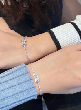 蝴蝶结满钻手链S925纯银T钻少女感网红同款半手镯闺蜜生日礼物