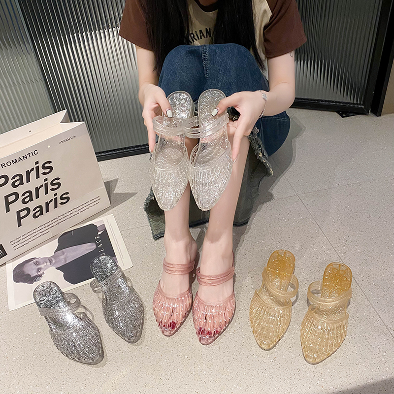 两穿凉拖鞋水晶塑料ins果冻透明网红防滑时尚女夏季尖头增高镂空 - 图0
