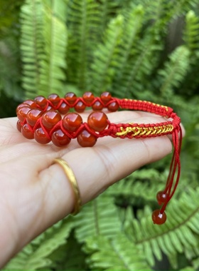 编织民族风红玛瑙金丝红绳手链女