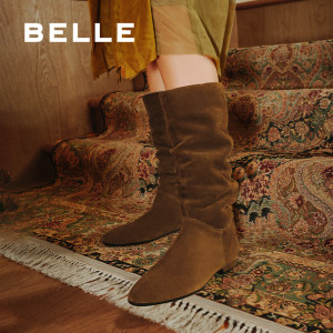 百丽复古绒面西部靴女2025冬新商场同款高筒堆堆长靴E5Z1DDG5