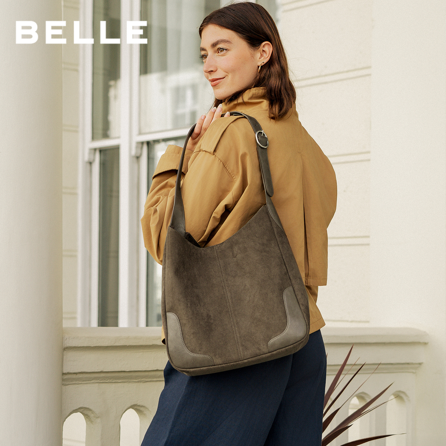 百丽包包女2025新款慵懒复古绒面质感单肩包斜挎包水桶包JX159DX5 - 图1