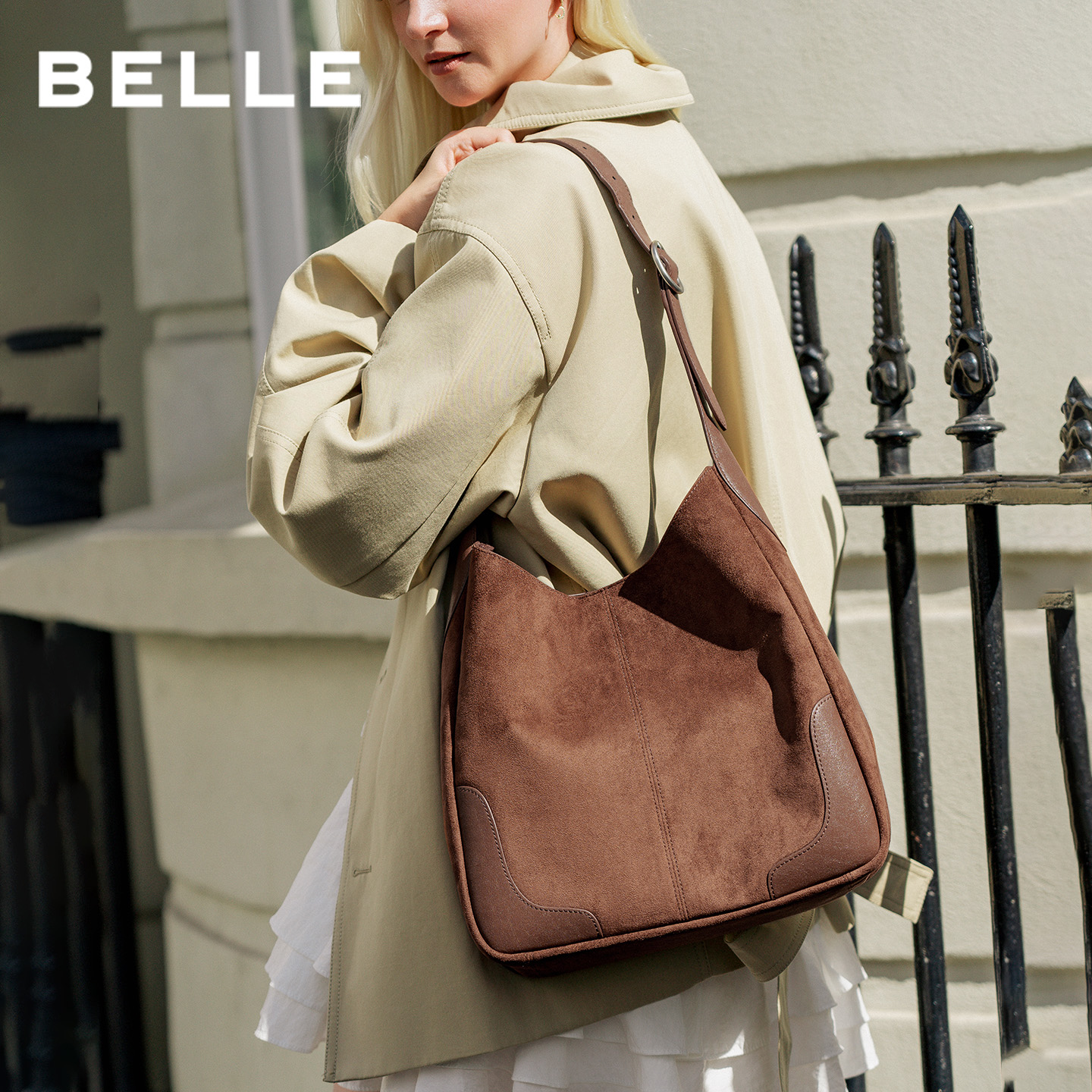 百丽包包女2025新款慵懒复古绒面质感单肩包斜挎包水桶包JX159DX5 - 图2