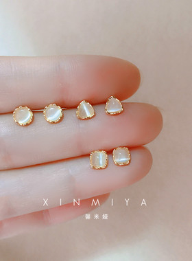 馨米娅纯银镀金女几何猫眼石耳钉