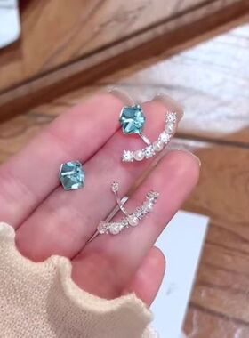 设计感一款两戴蓝色锆石方糖弧形耳钉女气质百搭耳环小众韩系耳饰