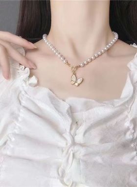 思慕琦合金仿珍珠珍珠链女蝴蝶