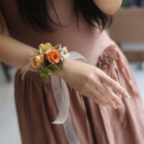 伴娘婚礼仿真花布艺新娘花童丝带手环高级感手腕花小众 - 图1