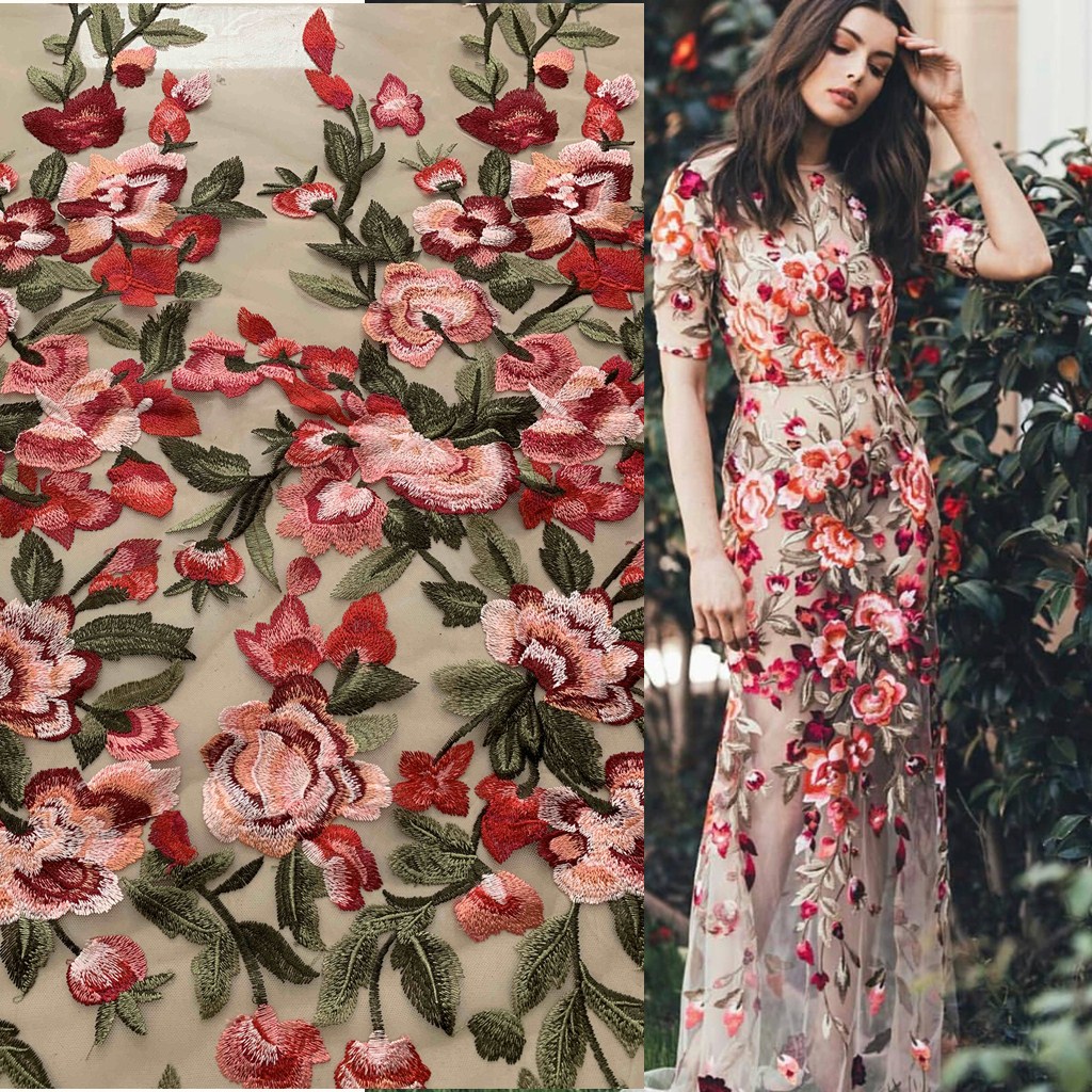 礼服刺绣面料重工蕾丝花朵渐变网纱粉色欧美服装布料尾料定制 - 图0