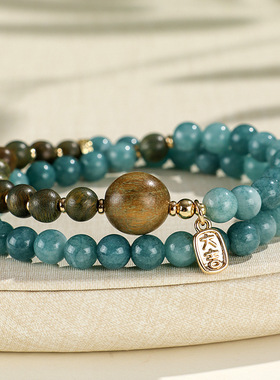 新中式蓝玉髓金丝檀木串珠男女双圈手链民族风大吉大利绿檀手串