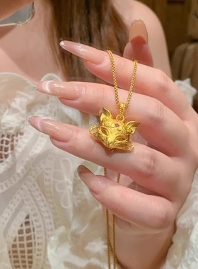 新中式狐狸面具仿金吊坠项链