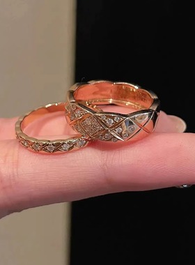 18K金满钻菱格开口可调男女对戒