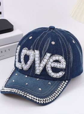 新款手工点钻防晒帽子水洗牛仔布LOVE字母棒球帽女百搭遮阳鸭舌帽