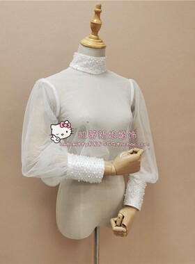 2021胖新娘高档钉珠婚纱打底衫软纱高领长袖内搭显瘦遮肉肉神器