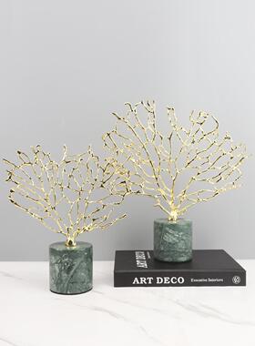 北欧创意金色珊瑚树大理石底座摆件客厅卧室电视柜样板房家居饰品