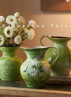 法式复古中古绿色陶瓷花瓶民宿酒店样板间客厅摆件油画手绘插花器