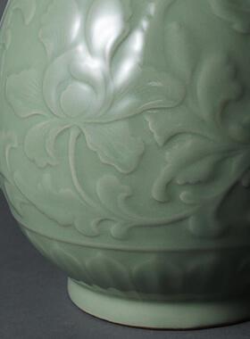 上林湖越窑青瓷 牡丹双耳瓶家居陶瓷插花瓶中式装饰创意摆件秘色