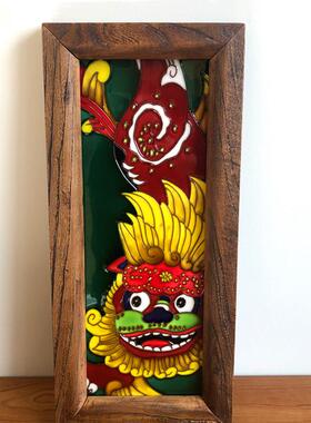 醒狮瓷板画玄关立体浮雕手绘陶瓷有框装饰挂画老榆木画框国风背景
