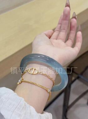 2026玉髓库里蓝手镯女蓝水色胖圆条镯子冰透款天青冻玉石女款镯子