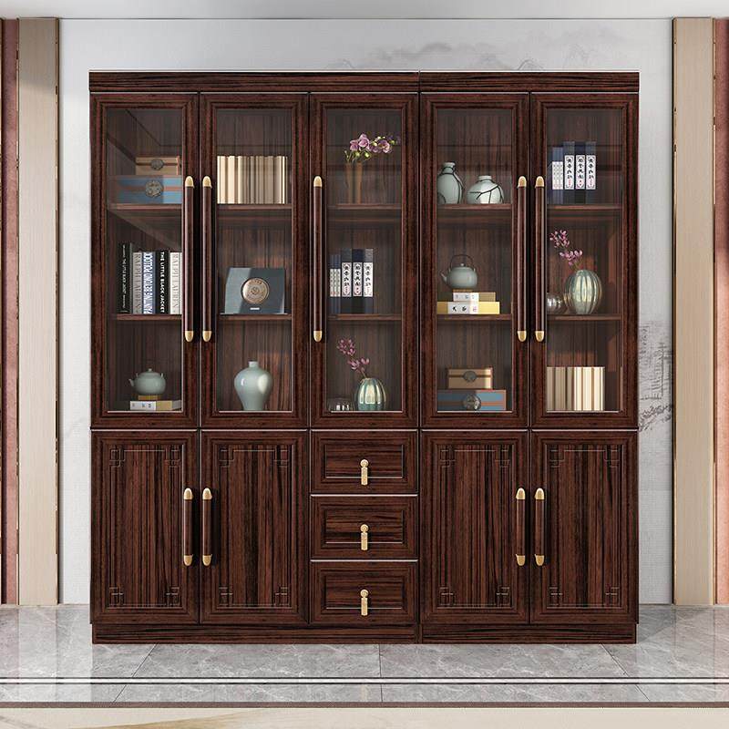 新中式实木书柜黑胡桃木办公室收纳柜家用中式书橱带玻璃门展示柜,淘宝优惠券,粉丝福利购,淘宝优惠卷