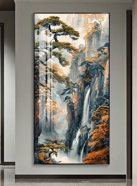 流水生财玄关挂画客厅走廊过道装饰画竖版立体入户画正对门山水画