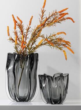 轻奢厚重玻璃花瓶摆件客厅插花现代简约透明水养琉璃花器北欧